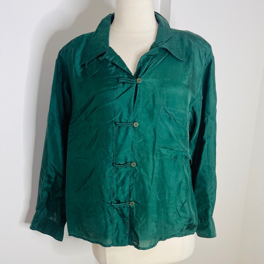Vintage Protest Juniors Emerald Green 100% Silk Frog Toggle Blouse Medium